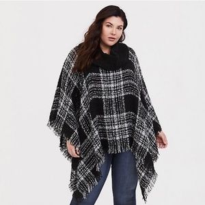 Women's TORRID Black and White Plaid Cowl Neck Poncho O/S